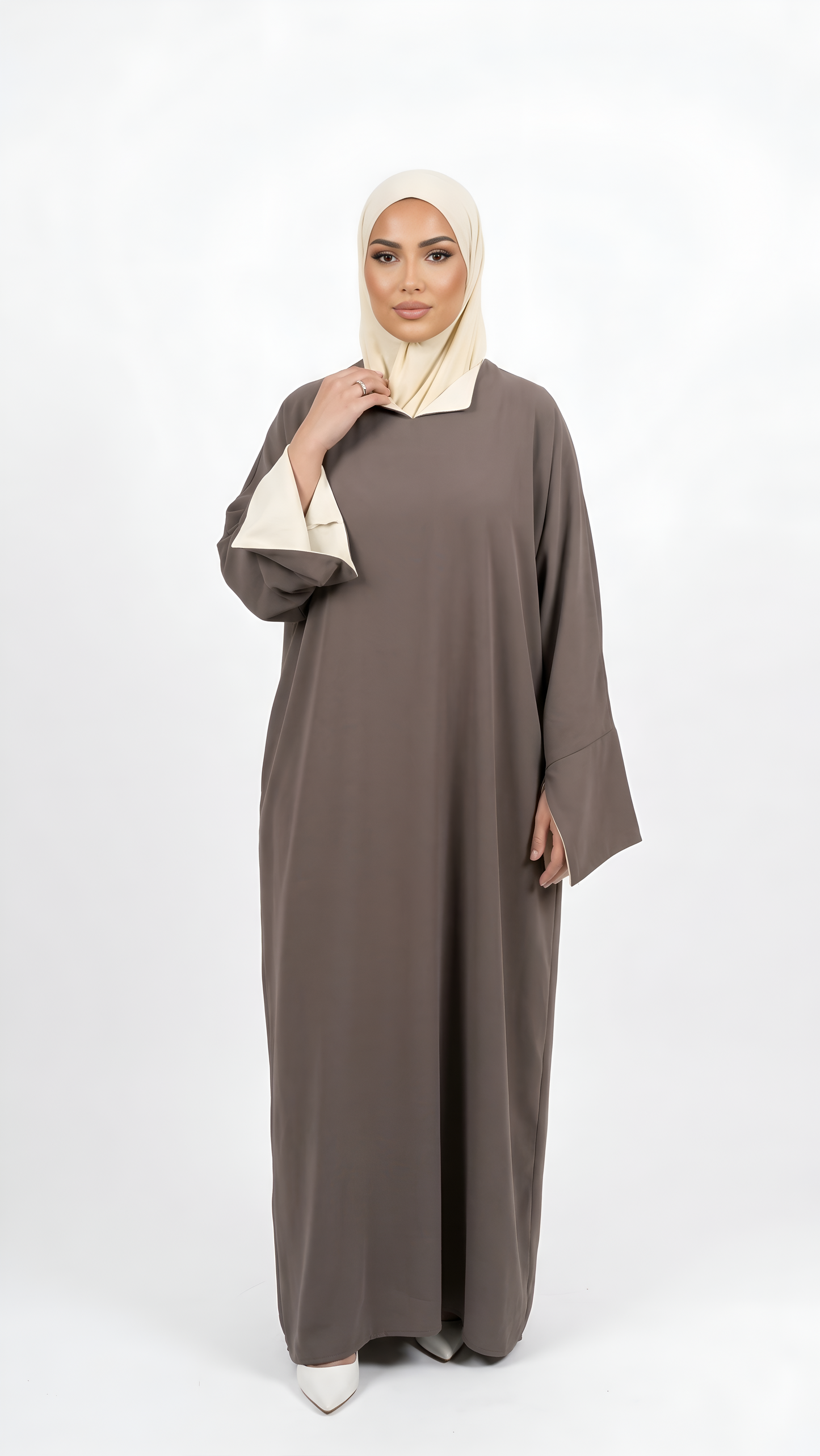 Abaya Bicolore manches revers Taupe Jaune