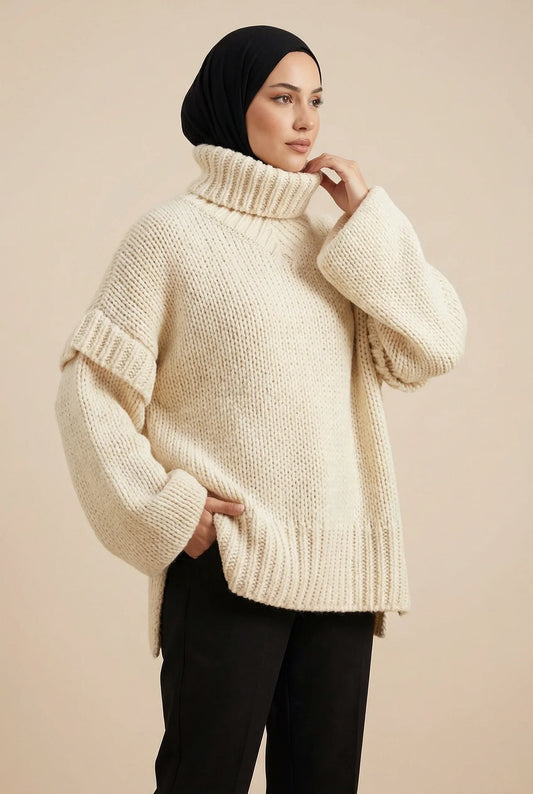 Femme en pull crème à col roulé Muneera, look mode modeste élégant, hijab noir.
