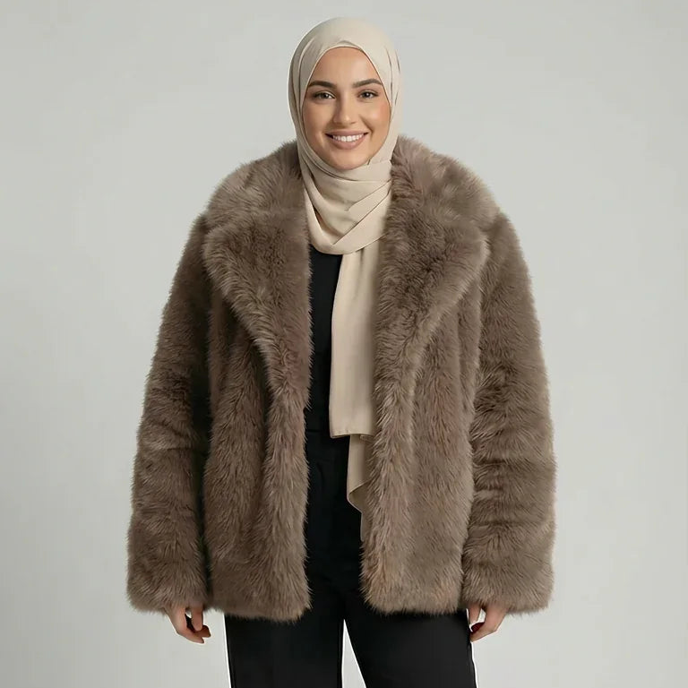Femme musulmane souriante, manteau en fausse fourrure taupe, hijab crème, mode modeste Muneera