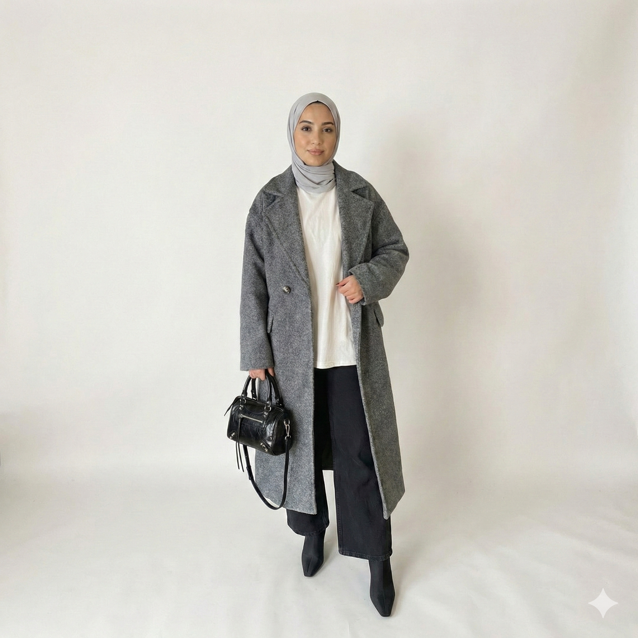 femme avec un manteau long gris