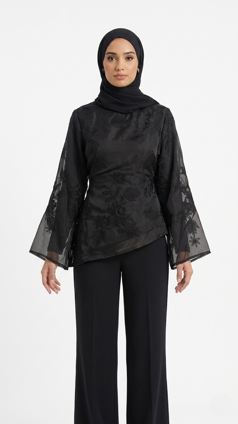 Haut Jacquard Floral Manches Évasées