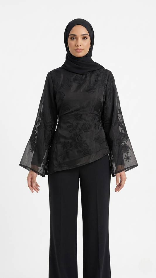 Haut Jacquard Floral Manches Évasées