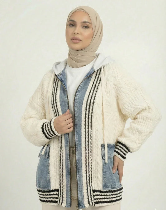 Femme portant un hijab beige et une veste Muneera élégante en maille crème et denim, mode modeste.