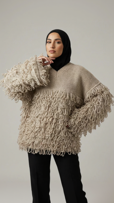 Femme portant un pull en maille beige à boucles, hijab noir, mode modeste Muneera élégante