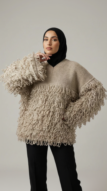 Femme portant un pull en maille beige à boucles, hijab noir, mode modeste Muneera élégante