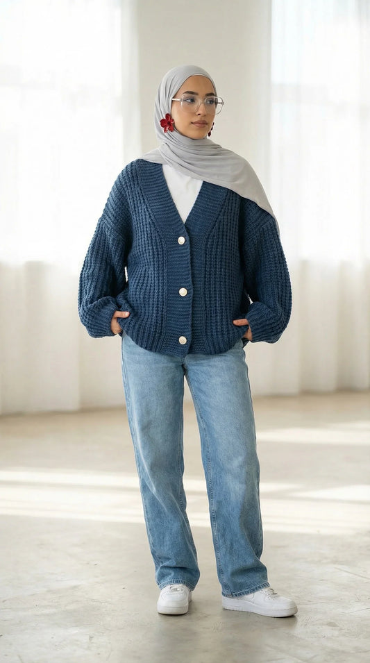 Femme portant cardigan bleu, jean large, hijab gris et lunettes, mode modeste Muneera