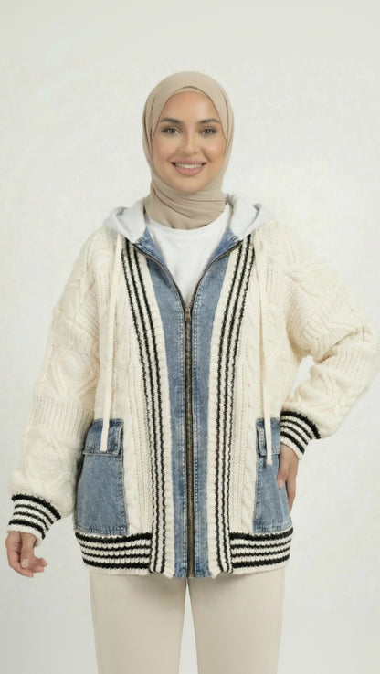 Femme en hijab beige portant une veste Muneera élégante en maille blanche et denim, style mode modeste.