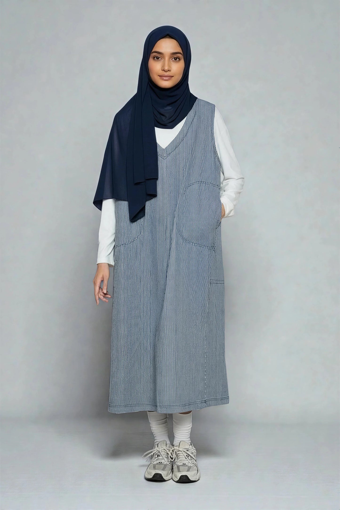 Femme portant une robe longue rayée bleu Muneera, hijab bleu marine et haut blanc, style mode modeste.