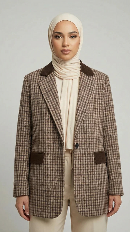 Femme portant un hijab beige et blazer à carreaux marron, mode modeste Muneera élégante.
