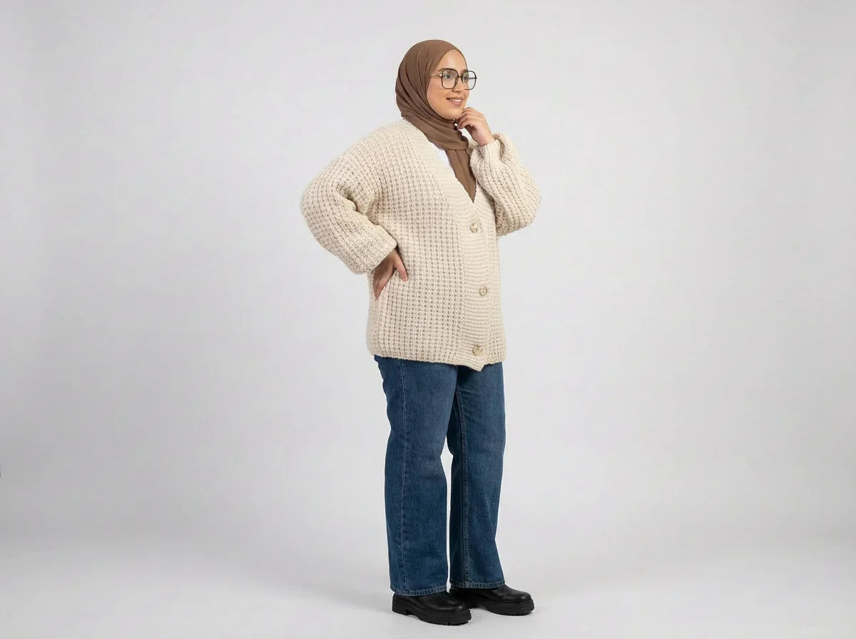 Femme en hijab marron, gilet beige, jean et lunettes, mode modeste Muneera élégante