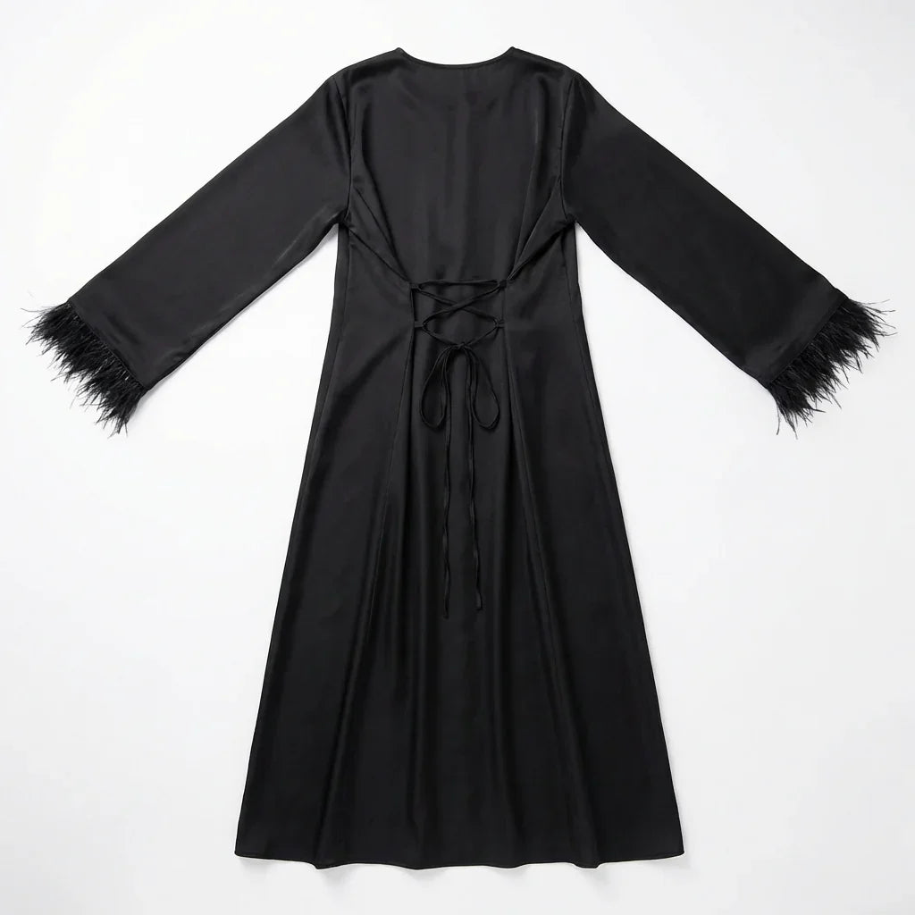 Abaya satinée Noire avec plumes