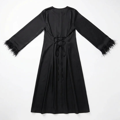 Abaya satinée Noire avec plumes
