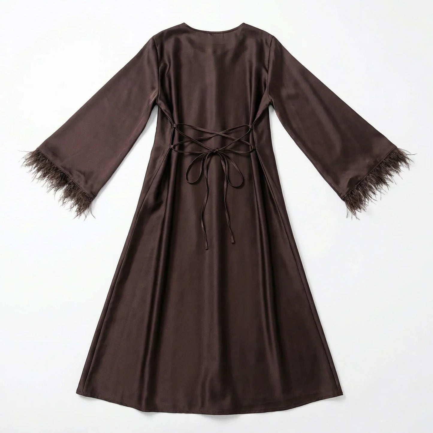 Abaya satinée Marron avec plumes